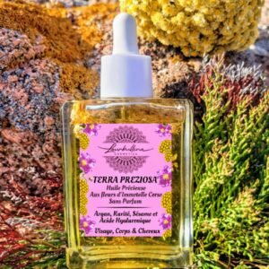 Huile Précieuse aux Fleurs d’Immortelle Corse et Acide Hyaluronique Visage, Corps & Cheveux 100ml